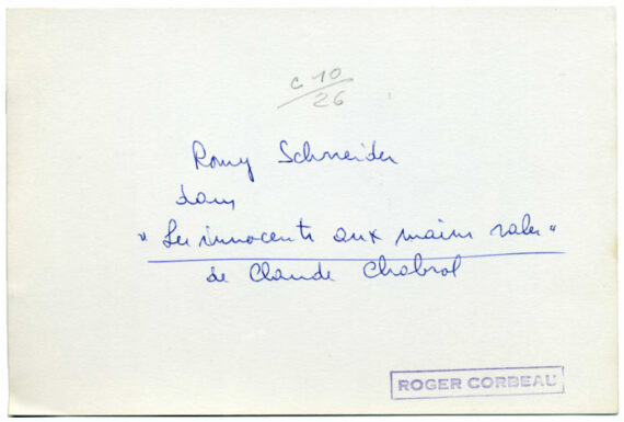 Romy Schneider, portrait par Roger Corbeau - Timbre humide du photographe et mentions manuscrites
