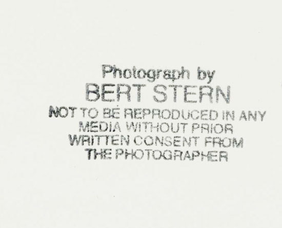 Marilyn Monroe, portrait recadré, par Bert Stern - Détail du timbre humide au dos du tirage.