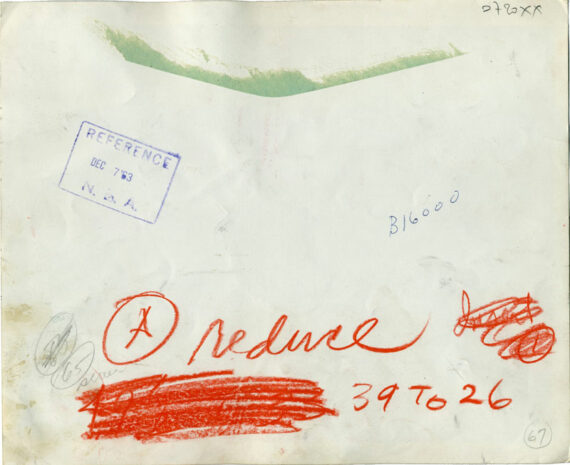 Bowling : au cœur du Strike, c. 1955 - Dos de l'épreuve, avec timbre humide et instructions manuscrites.
