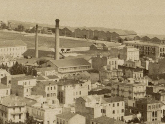 Alger : panorama depuis le quartier Mustapha - Caserne et abattoirs, détail du tirage albuminé, début XXe