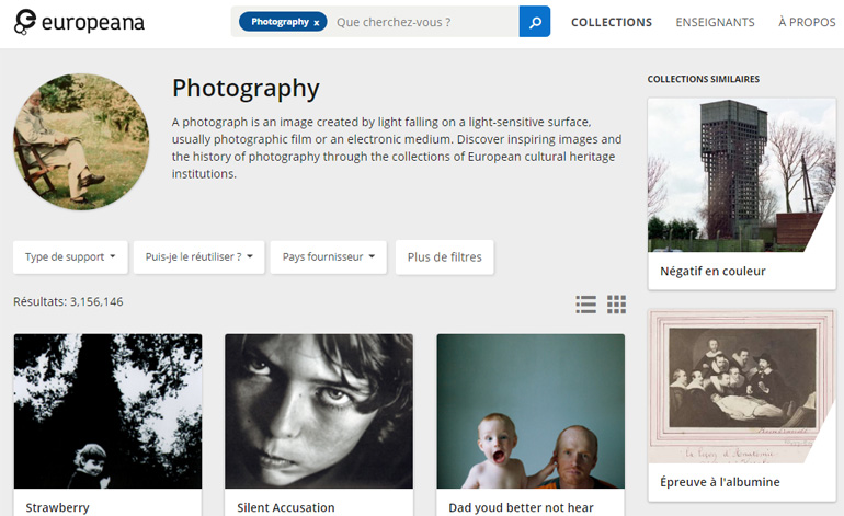 Europeana Photography, aperçu de la page d'accueil du site.