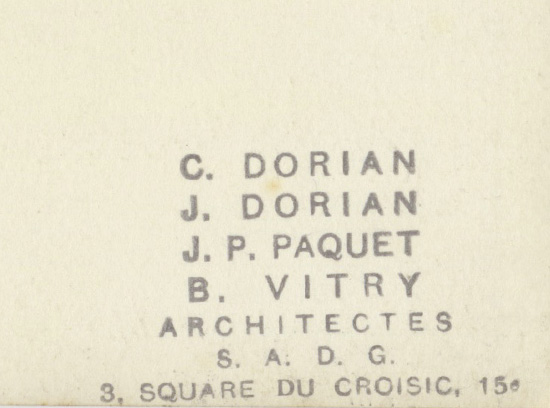 Pavillon du métal, exposition des Arts 1937 - Dos de l'épreuve, timbre humide des architectes Dorian, Paquet et Vitry